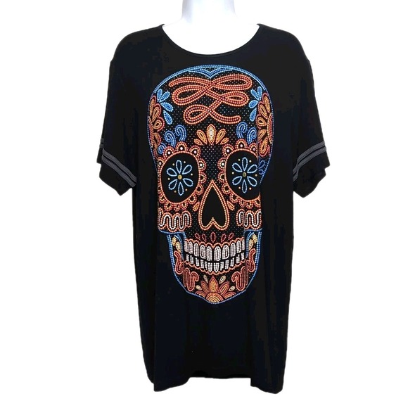 Tops - Sugar Skull Embellished T-Shirt Womens L Black/Multicolor Long Day of the Dead